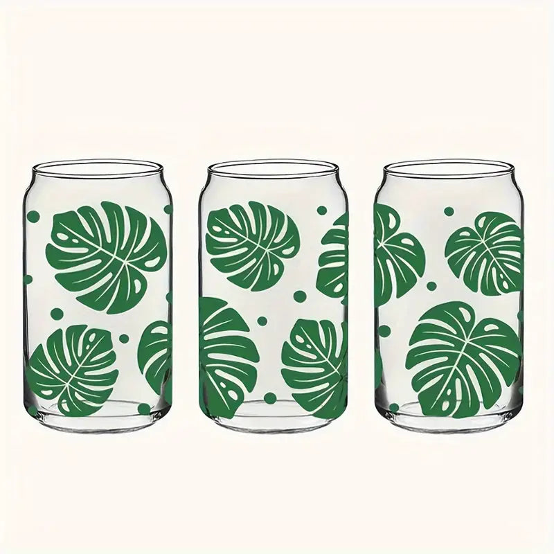 Montsera Leaf Glass Cup with Lid & Straw