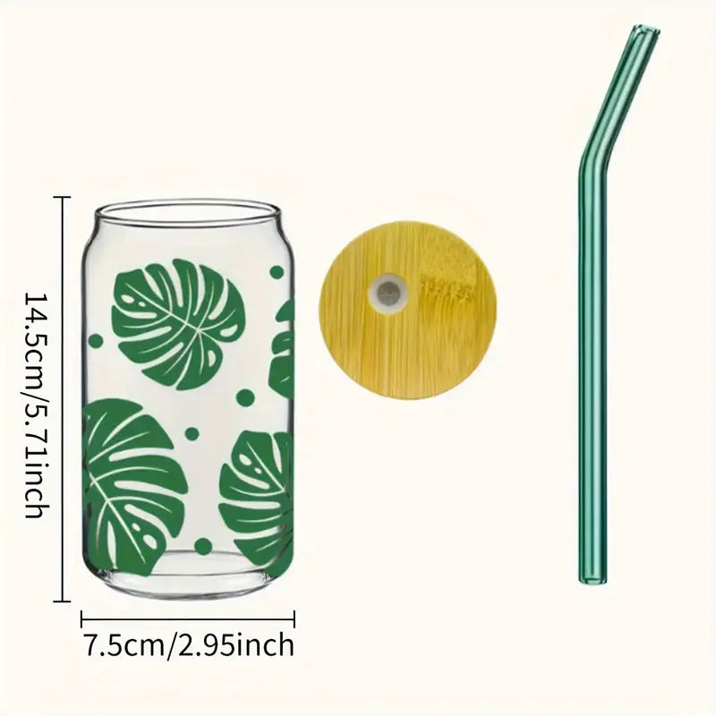 Montsera Leaf Glass Cup with Lid & Straw