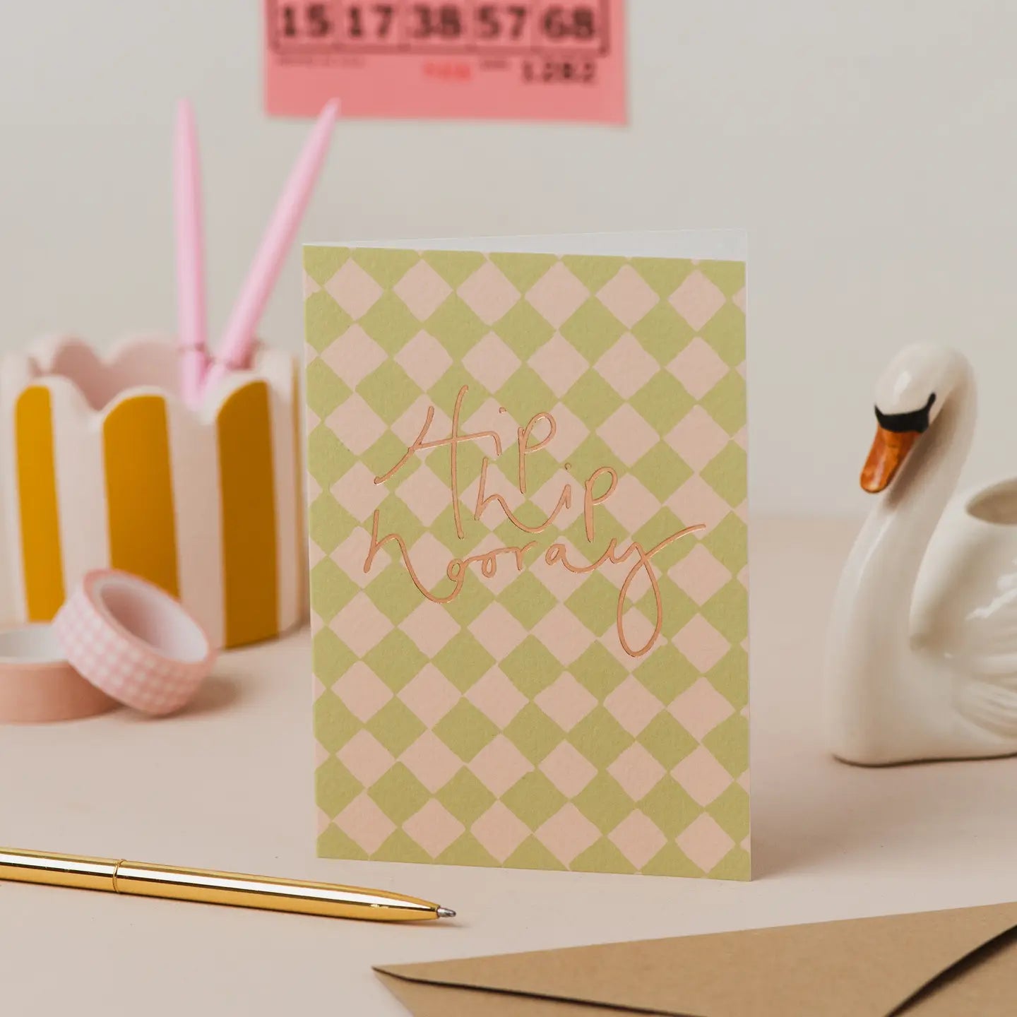 Hip Hip Hooray Green Checkerboard Card